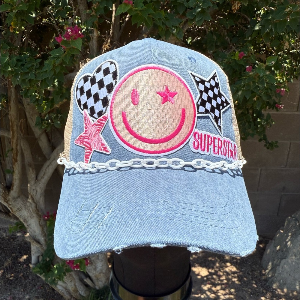 New Custom Blue Denim Cap with Smiley and Star Patches